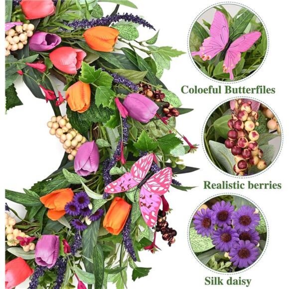 22in Spring Wreath, Spring Summer Wreaths for Front Door, Tulip Wreath - Picture 4 of 7